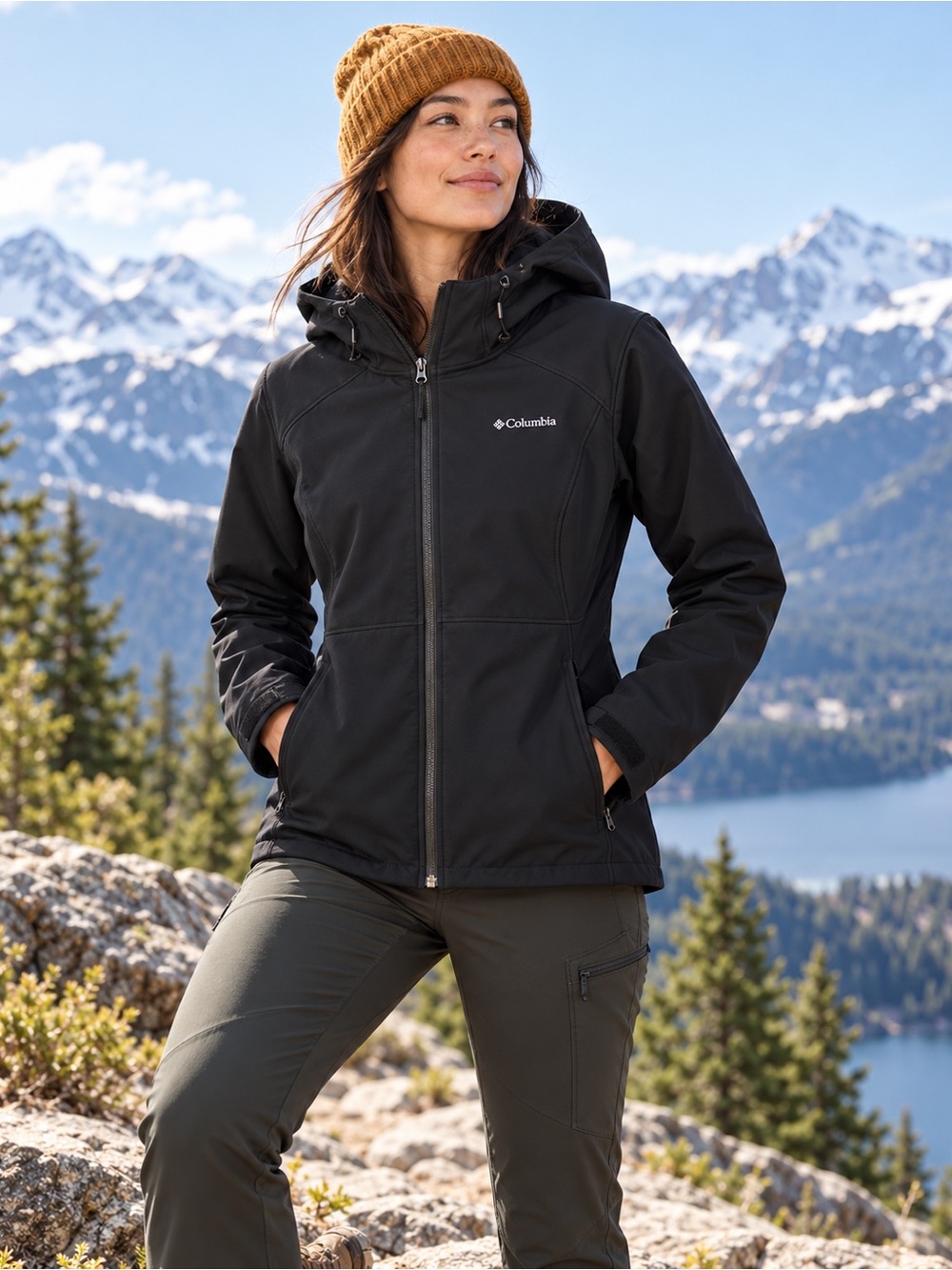 Columbia Jacket Womens XL Black Hooded Full Zip Fleece Lined Softshell